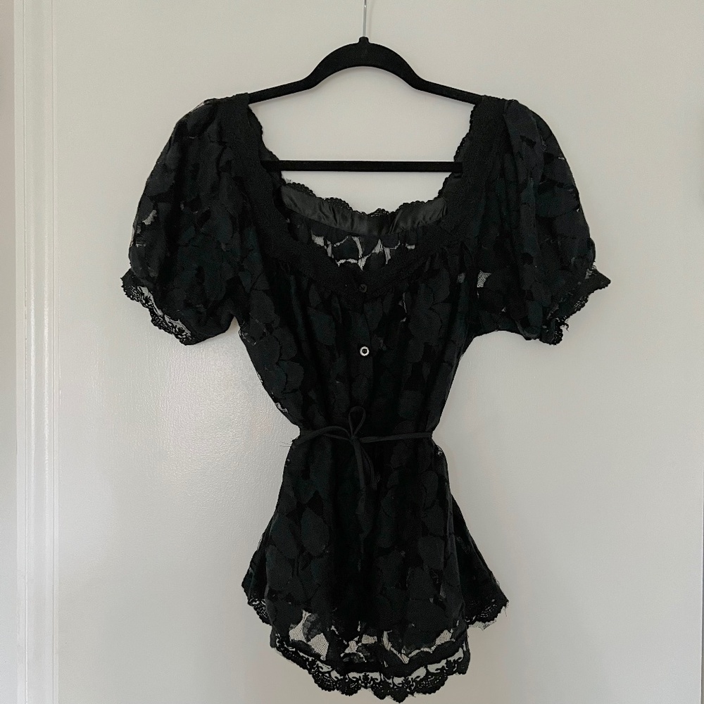 Beautiful Vintage Black Lace Romantic Puff Sleeve Blouse